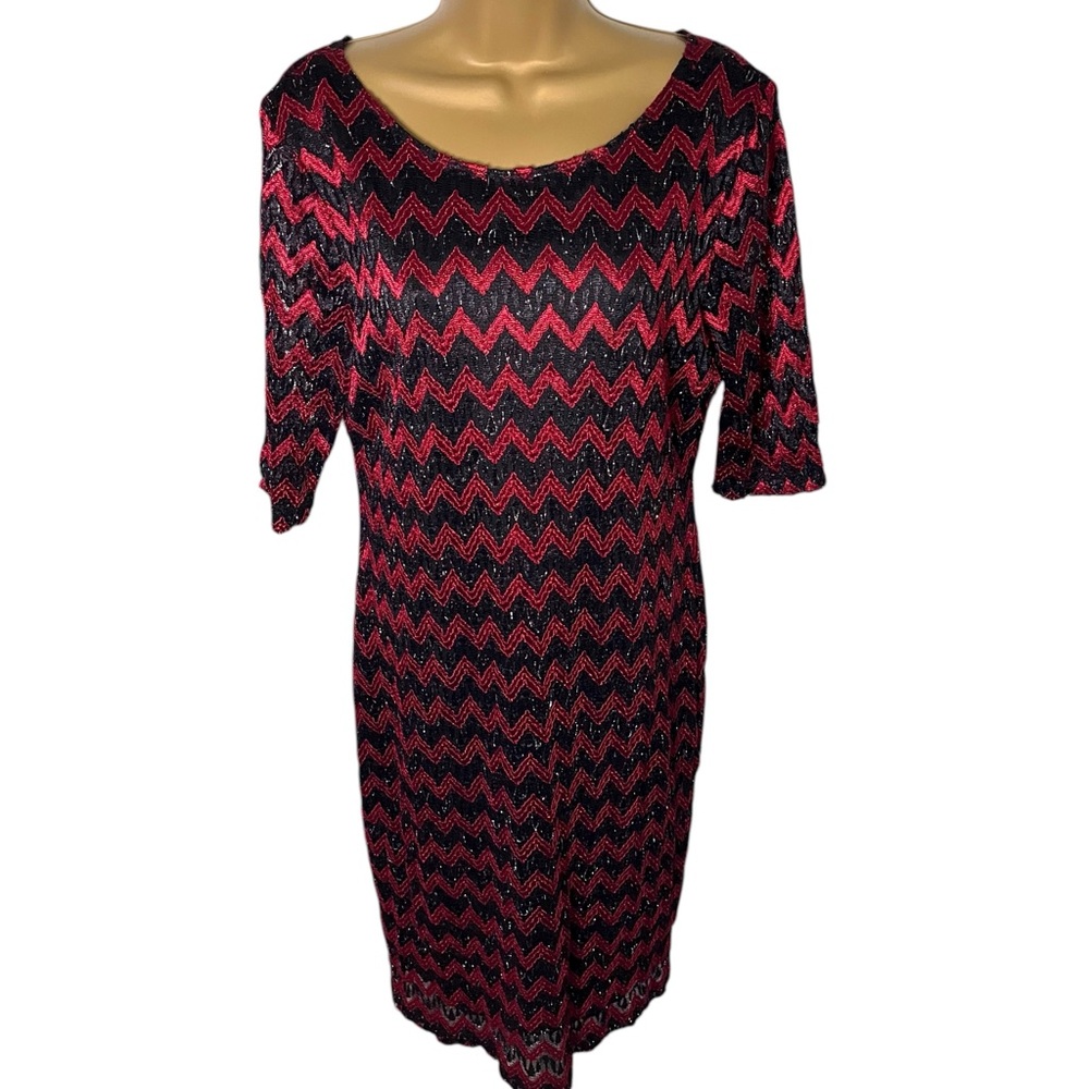 Connected Apparel Chevron Knit Sheath Dress Metallic Stretch Black Red L